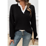 V Neck Ruffle Frilled Hem Solid Knit Sweater - MVTFASHION.COM