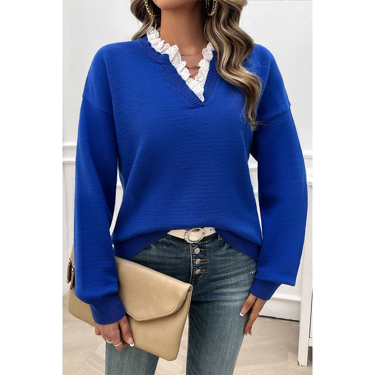 V Neck Ruffle Frilled Hem Solid Knit Sweater - MVTFASHION.COM