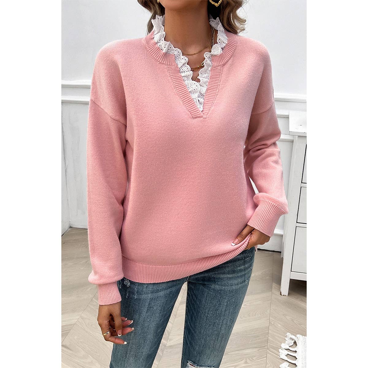 V Neck Ruffle Frilled Hem Solid Knit Sweater - MVTFASHION.COM