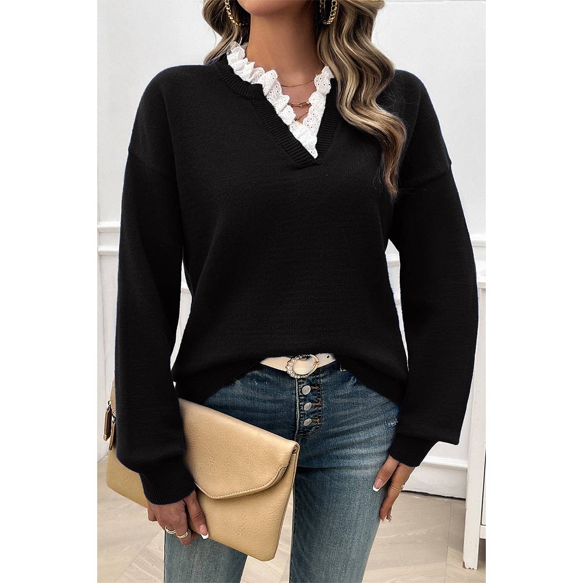 V Neck Ruffle Frilled Hem Solid Knit Sweater - MVTFASHION.COM