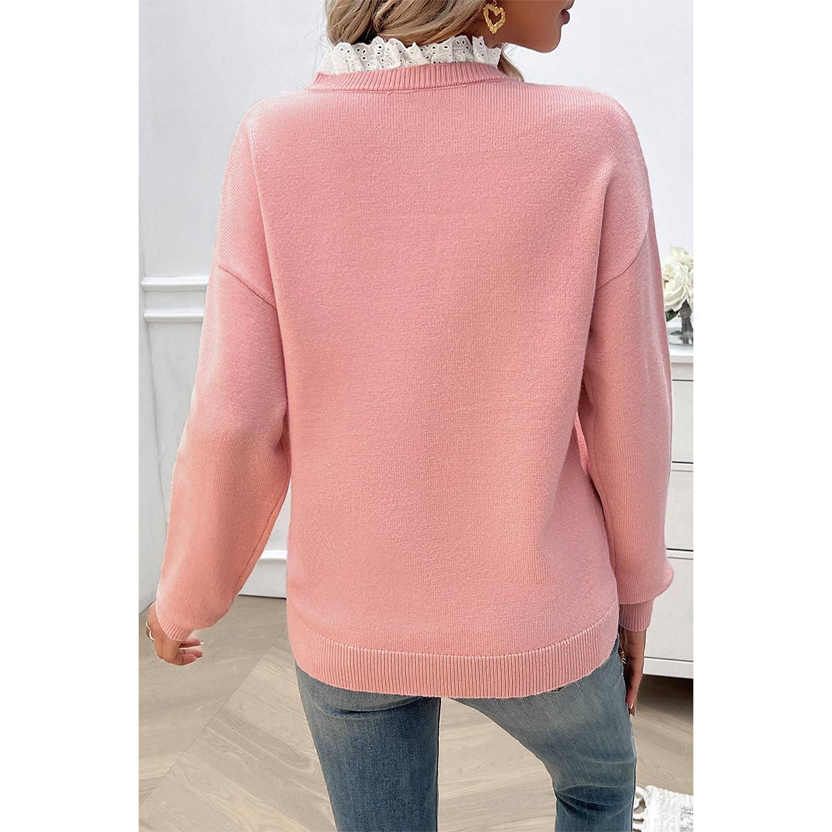 V Neck Ruffle Frilled Hem Solid Knit Sweater - MVTFASHION.COM