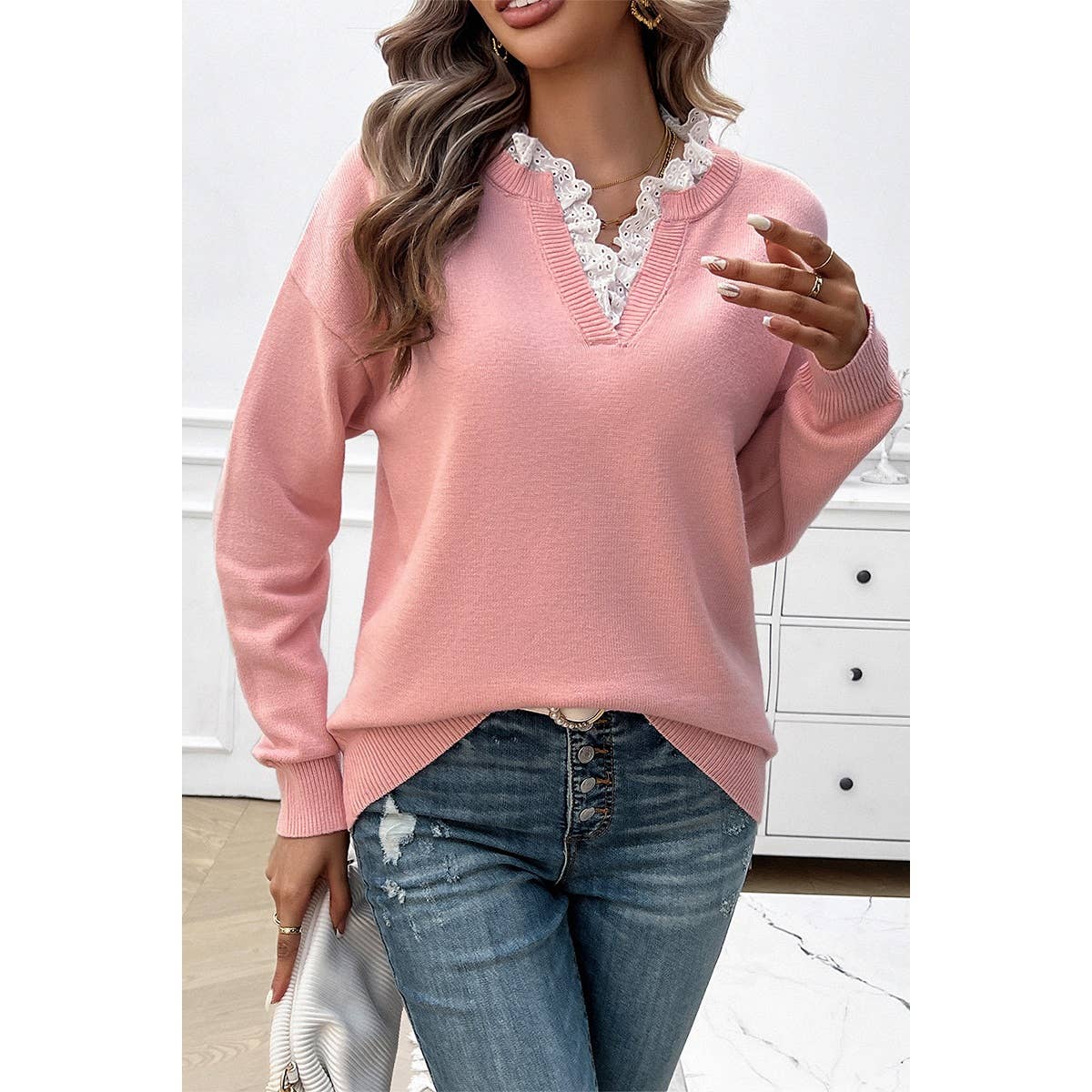 V Neck Ruffle Frilled Hem Solid Knit Sweater - MVTFASHION.COM