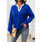 V Neck Ruffle Frilled Hem Solid Knit Sweater - MVTFASHION.COM