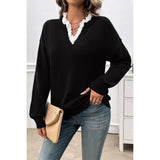 V Neck Ruffle Frilled Hem Solid Knit Sweater - MVTFASHION.COM