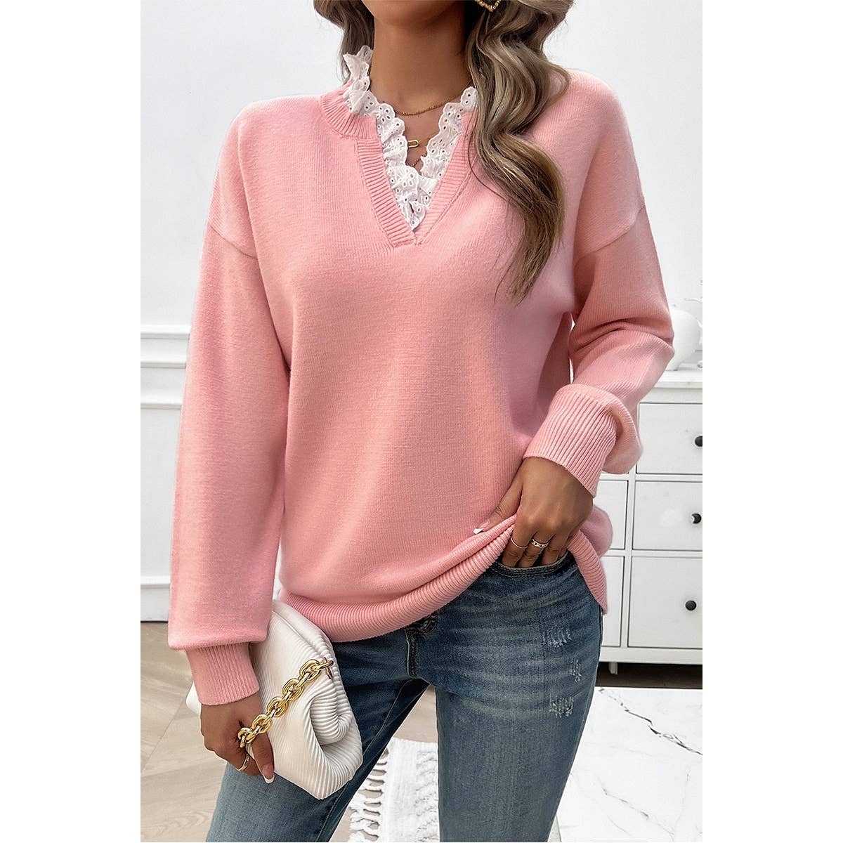 V Neck Ruffle Frilled Hem Solid Knit Sweater - MVTFASHION.COM