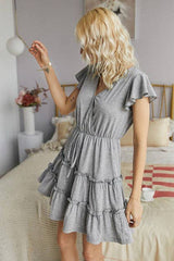 V Neck Ruffle Waist Tie Short Dress - MVTFASHION.COM