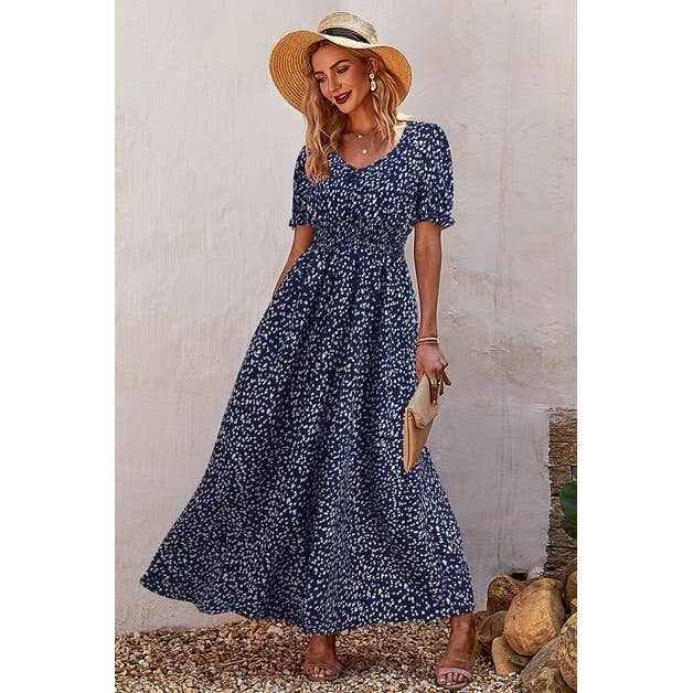 V Neck Short Sleeve Print Maxi Dress - MVTFASHION.COM