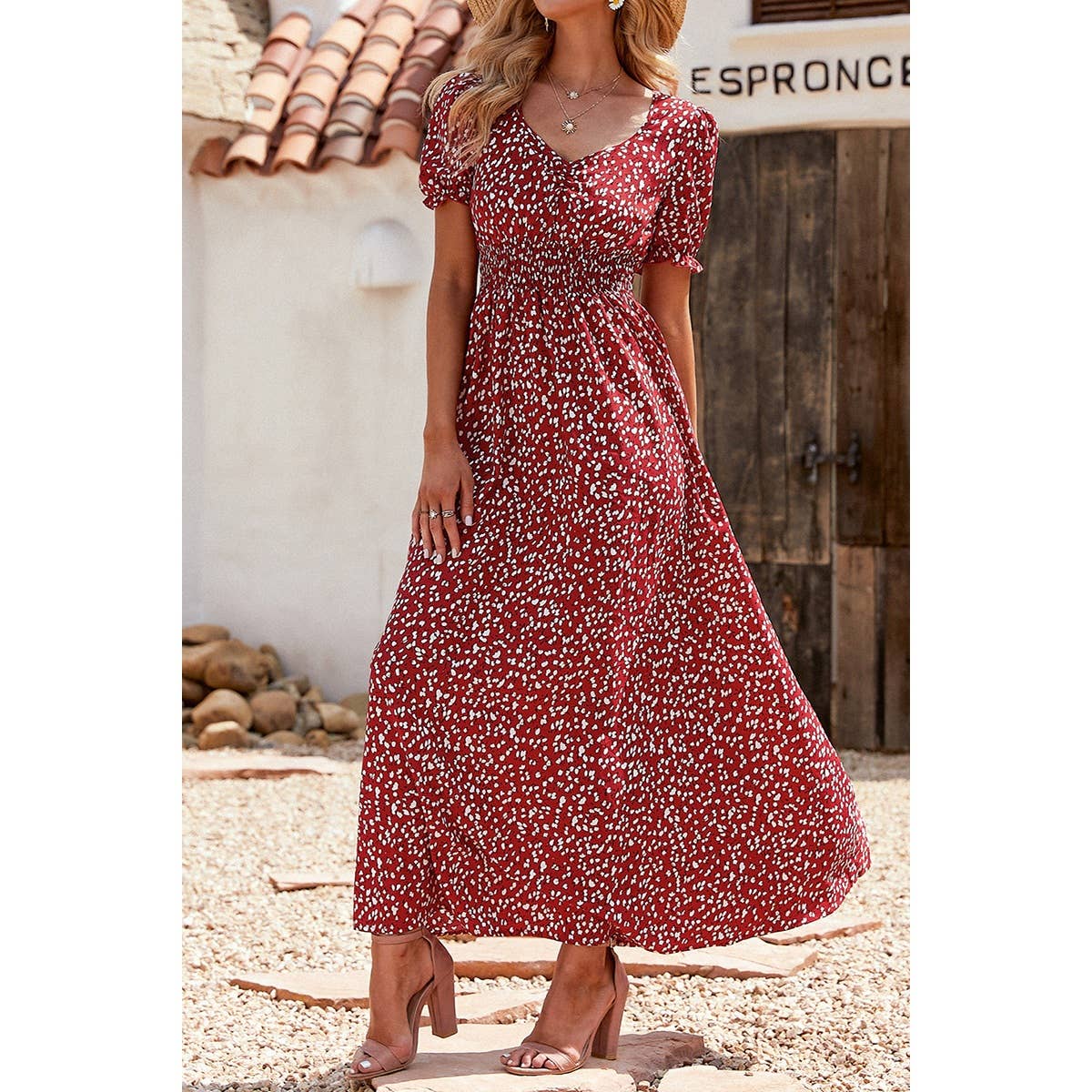 V Neck Short Sleeve Print Maxi Dress - MVTFASHION.COM