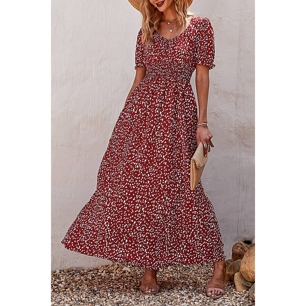 V Neck Short Sleeve Print Maxi Dress - MVTFASHION.COM