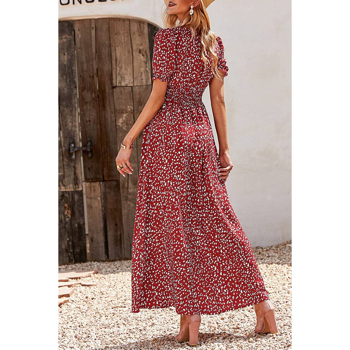 V Neck Short Sleeve Print Maxi Dress - MVTFASHION.COM