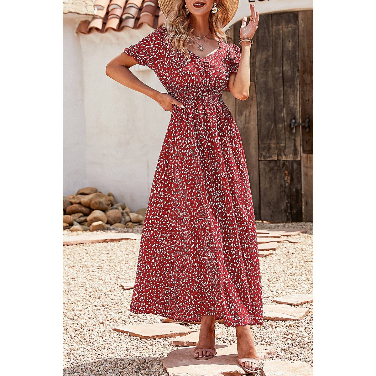 V Neck Short Sleeve Print Maxi Dress - MVTFASHION.COM