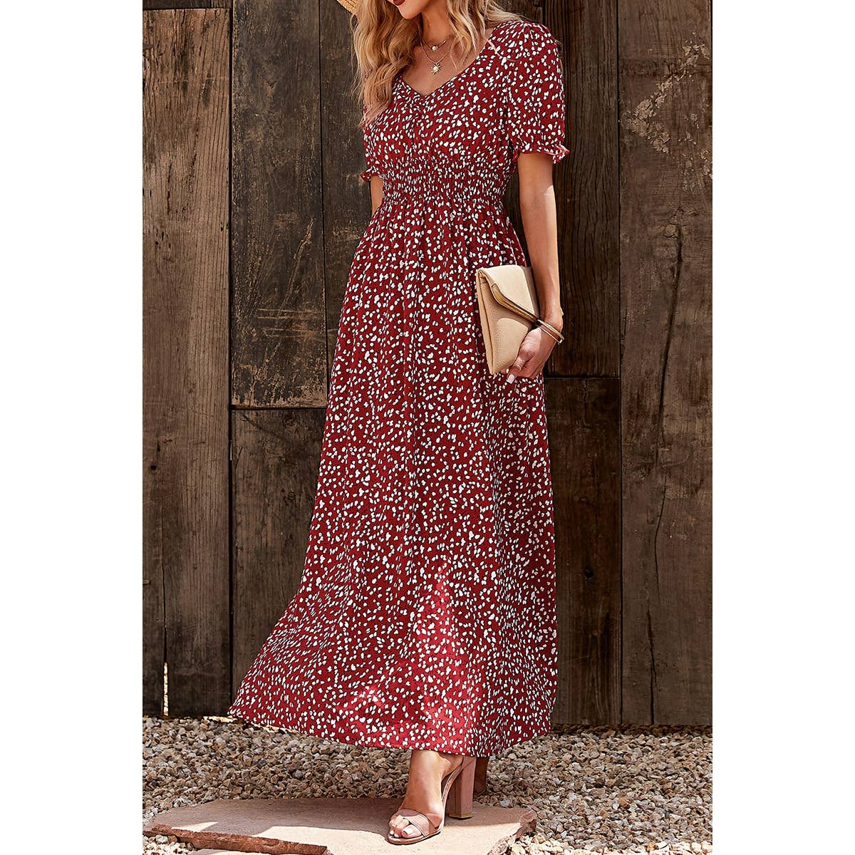 V Neck Short Sleeve Print Maxi Dress - MVTFASHION.COM