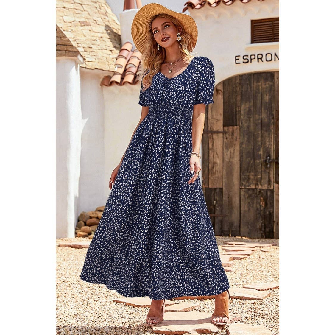 V Neck Short Sleeve Print Maxi Dress - MVTFASHION.COM