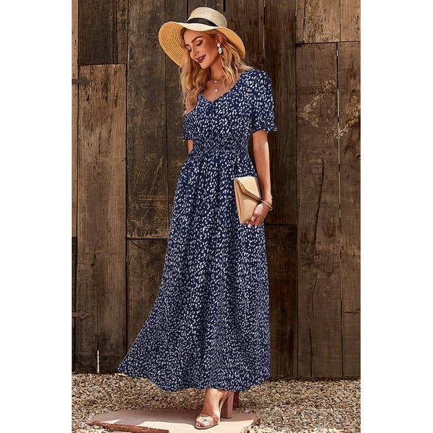 V Neck Short Sleeve Print Maxi Dress - MVTFASHION.COM