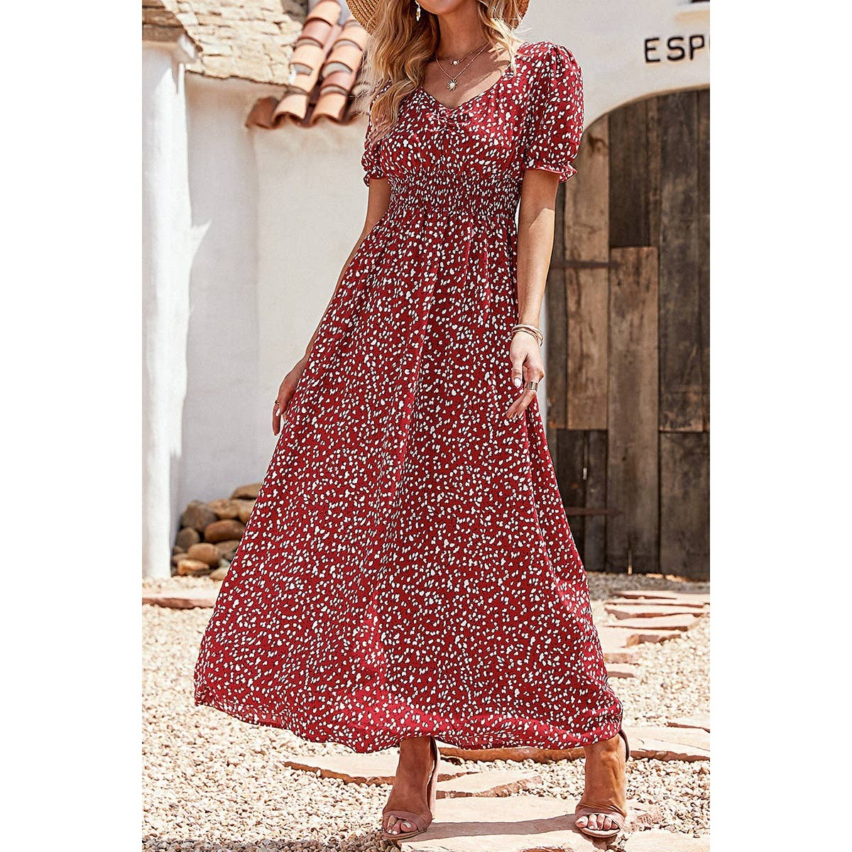 V Neck Short Sleeve Print Maxi Dress - MVTFASHION.COM