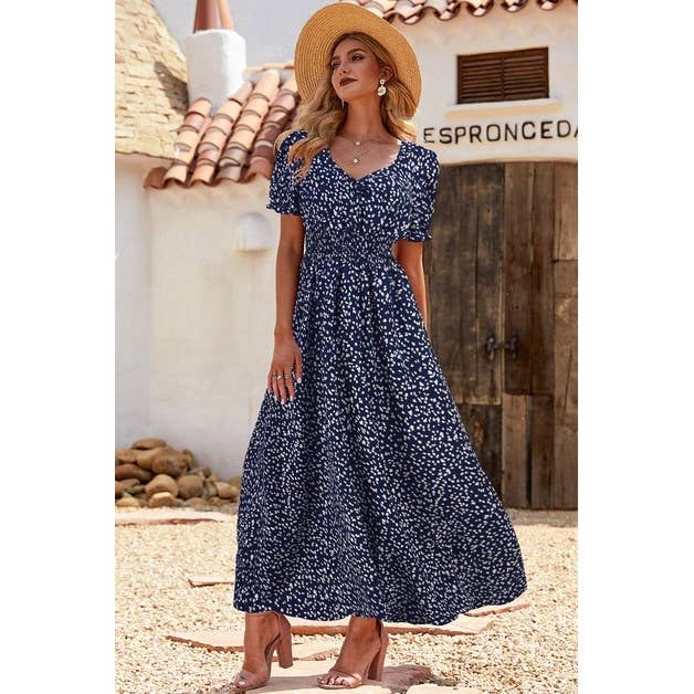 V Neck Short Sleeve Print Maxi Dress - MVTFASHION.COM