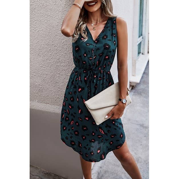 V Neck Sleeveless Leopard Button Midi Dress - MVTFASHION.COM