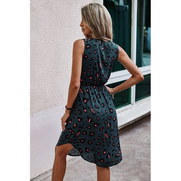 V Neck Sleeveless Leopard Button Midi Dress - MVTFASHION.COM