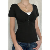 V Neck Solid Lace Splicing Button Fitted Shirt - MVTFASHION.COM