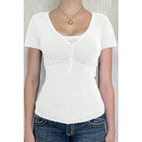 V Neck Solid Lace Splicing Button Fitted Shirt - MVTFASHION.COM