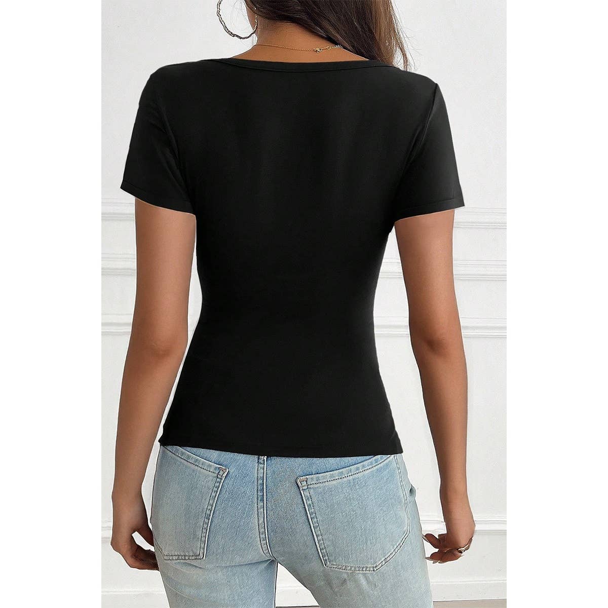 V Neck Solid Lace Splicing Button Fitted Shirt - MVTFASHION.COM