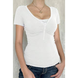 V Neck Solid Lace Splicing Button Fitted Shirt - MVTFASHION.COM