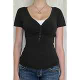 V Neck Solid Lace Splicing Button Fitted Shirt - MVTFASHION.COM