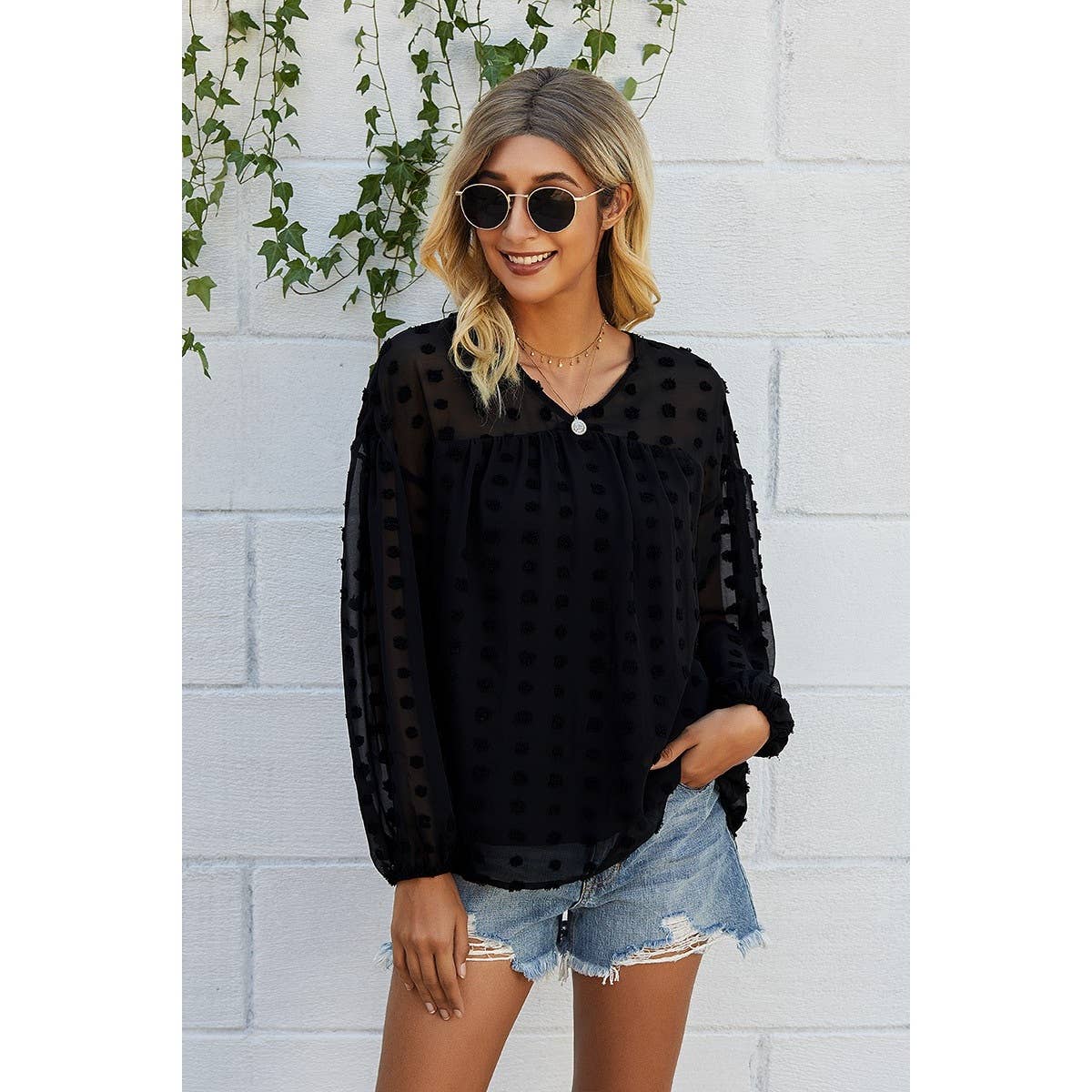 V Neck Solid Long Sleeve Loose Top - Clearance - MVTFASHION.COM