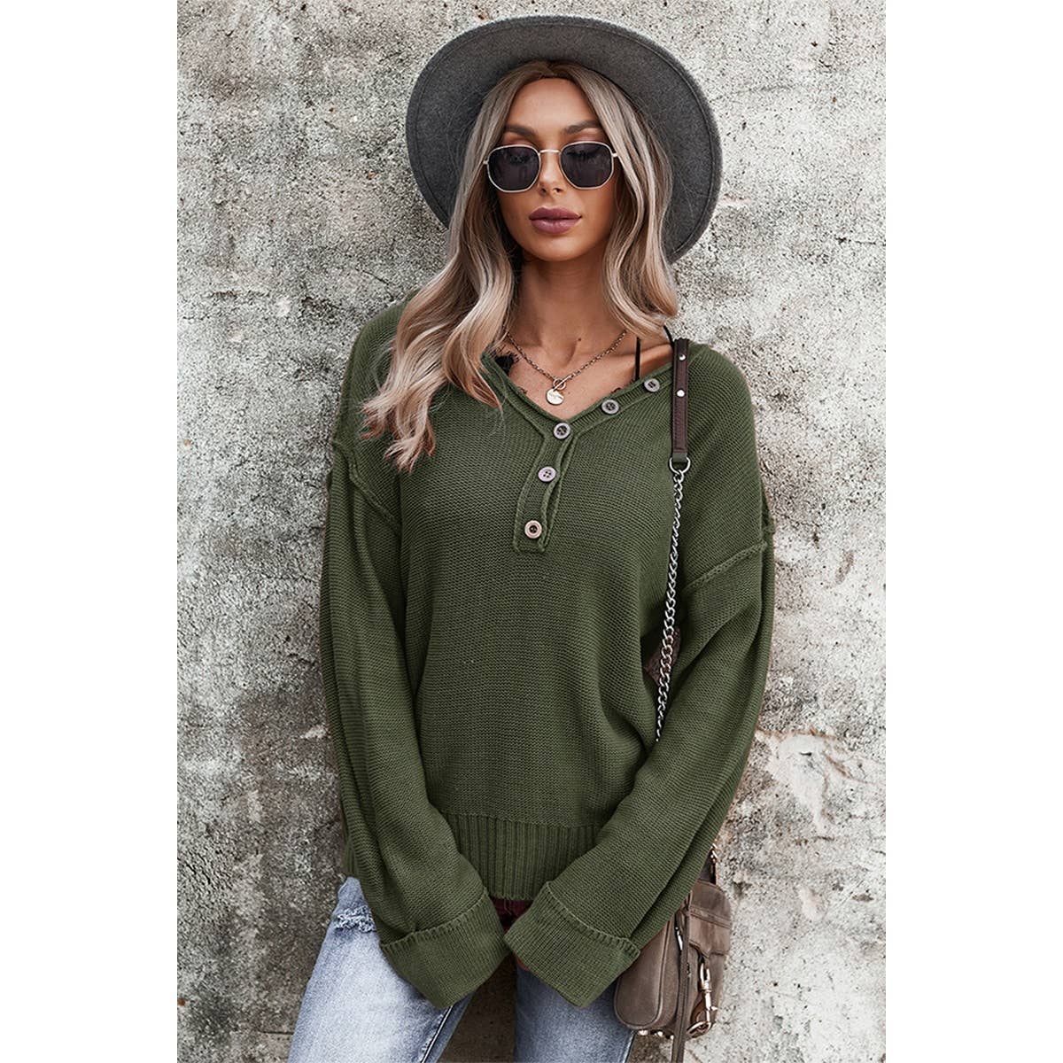 V Neck Solid Long Sleeve Sweater - MVTFASHION.COM