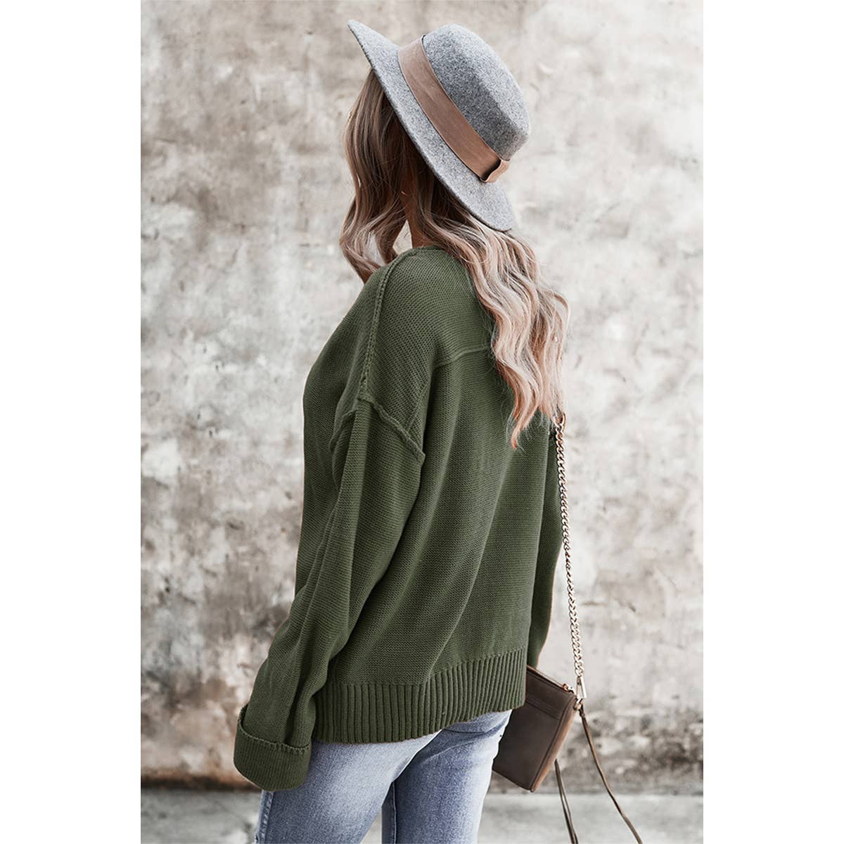 V Neck Solid Long Sleeve Sweater - MVTFASHION.COM