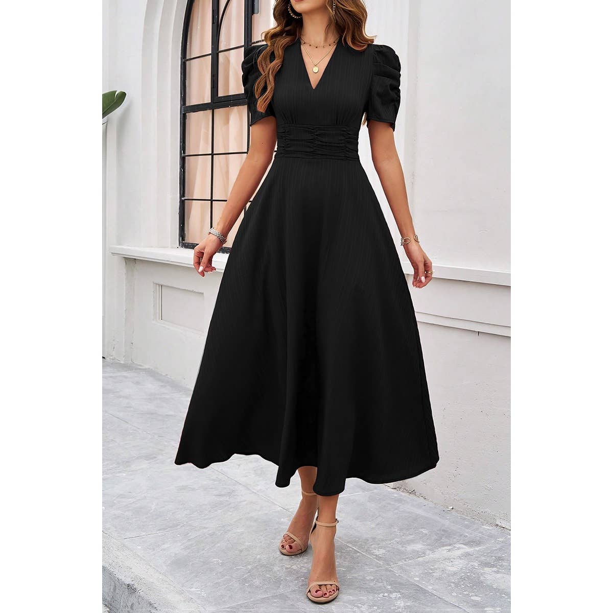 V Neck Solid Puff Sleeves Fit Full Dress - MVTFASHION.COM