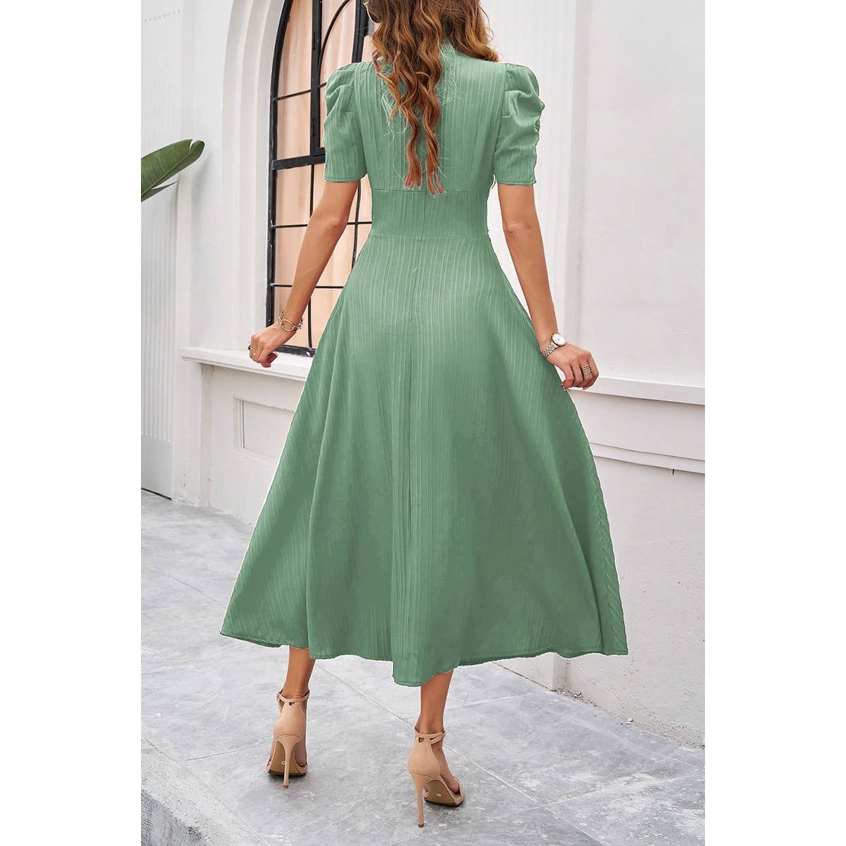 V Neck Solid Puff Sleeves Fit Full Dress - MVTFASHION.COM