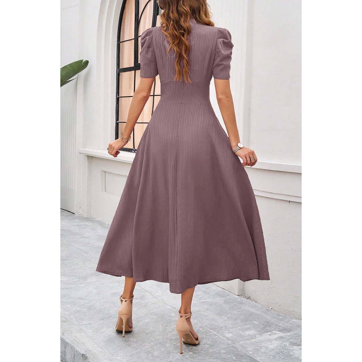 V Neck Solid Puff Sleeves Fit Full Dress - MVTFASHION.COM