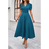 V Neck Solid Puff Sleeves Fit Full Dress - MVTFASHION.COM