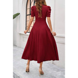 V Neck Solid Puff Sleeves Fit Full Dress - MVTFASHION.COM