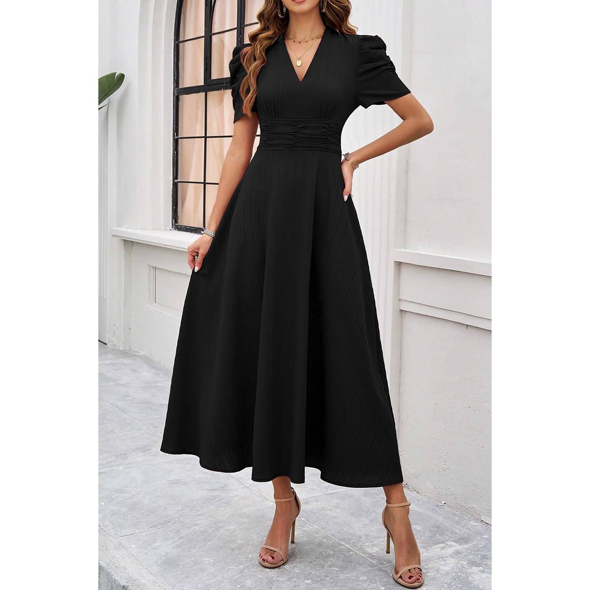 V Neck Solid Puff Sleeves Fit Full Dress - MVTFASHION.COM