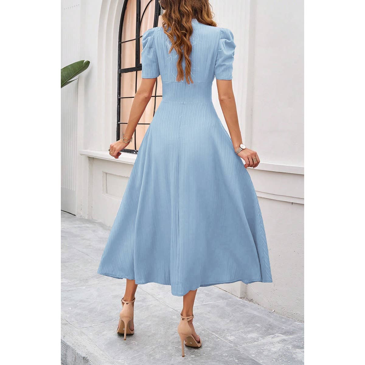 V Neck Solid Puff Sleeves Fit Full Dress - MVTFASHION.COM