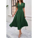 V Neck Solid Puff Sleeves Fit Full Dress - MVTFASHION.COM