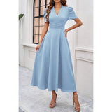 V Neck Solid Puff Sleeves Fit Full Dress - MVTFASHION.COM