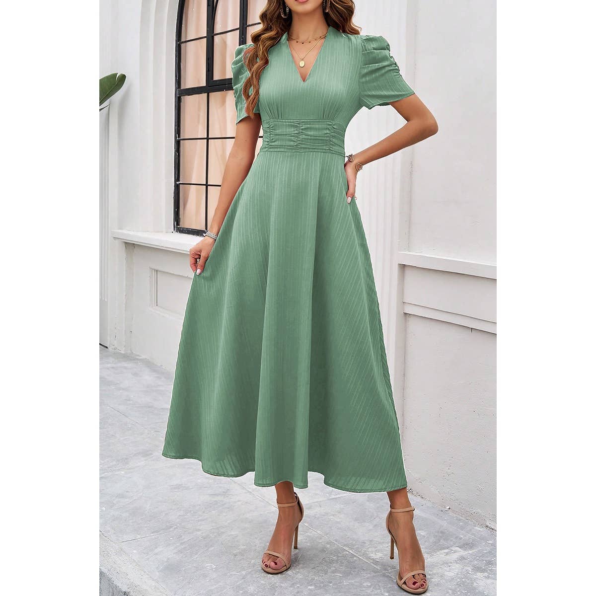 V Neck Solid Puff Sleeves Fit Full Dress - MVTFASHION.COM