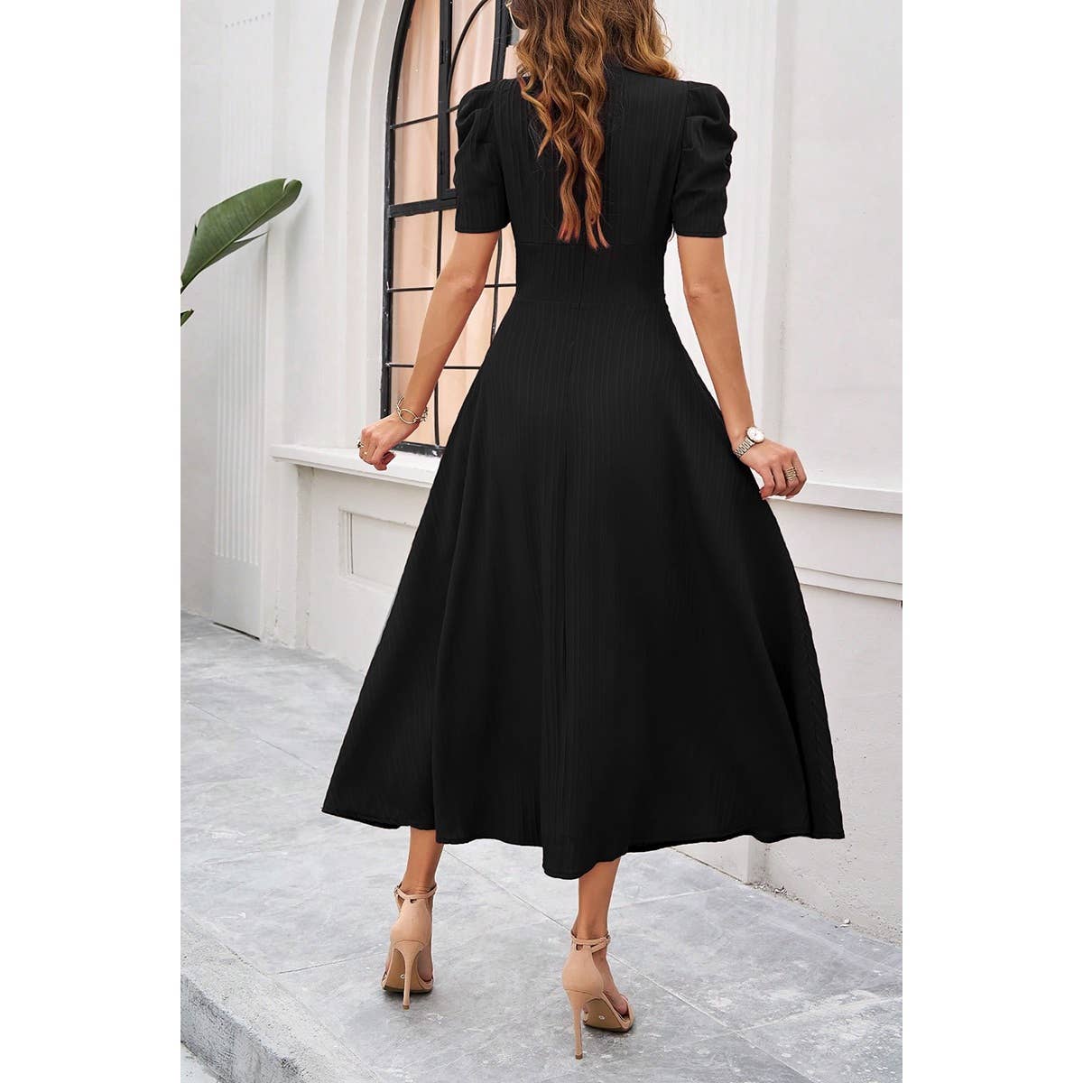 V Neck Solid Puff Sleeves Fit Full Dress - MVTFASHION.COM