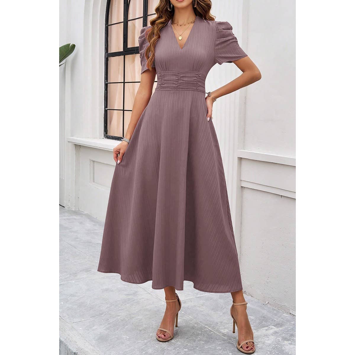 V Neck Solid Puff Sleeves Fit Full Dress - MVTFASHION.COM