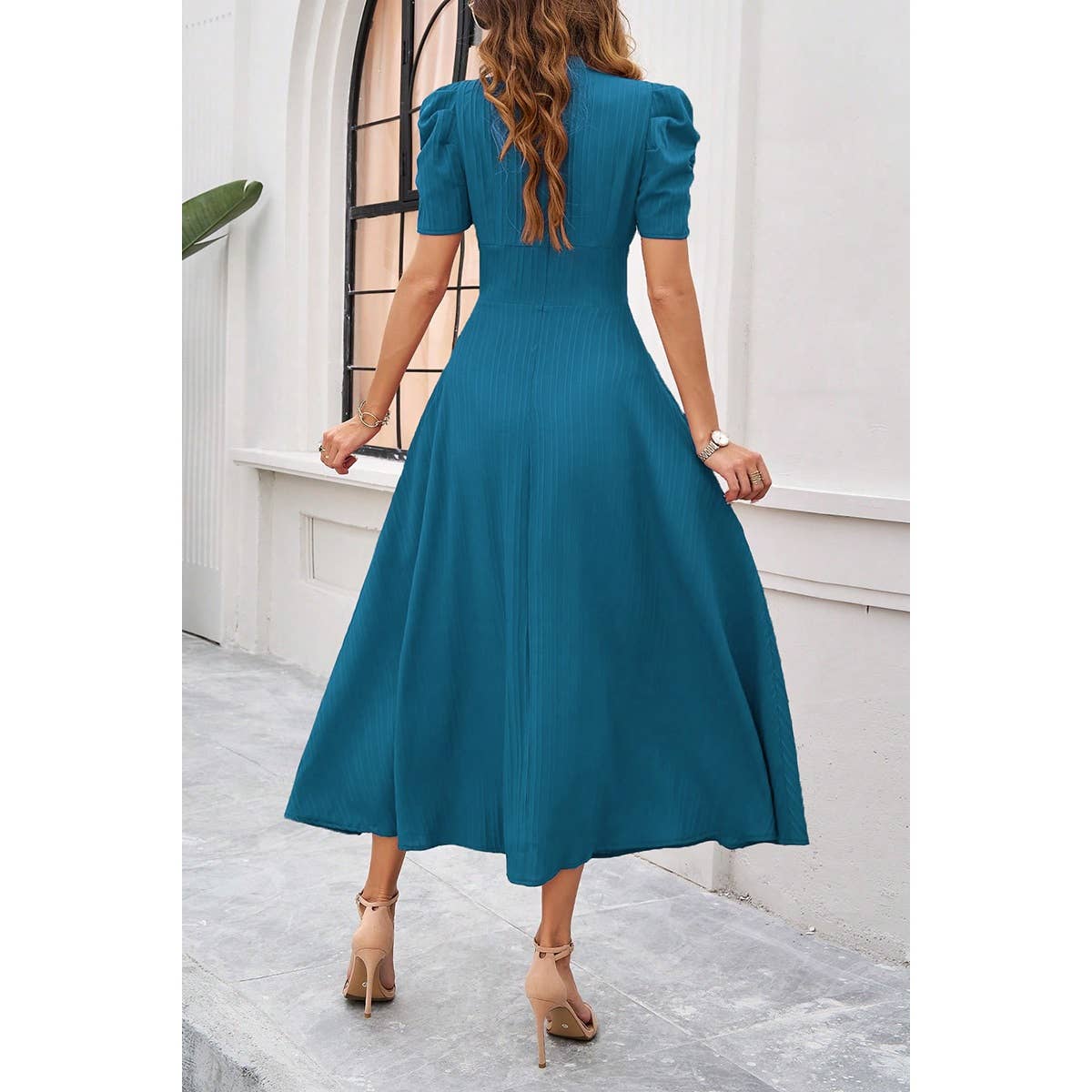 V Neck Solid Puff Sleeves Fit Full Dress - MVTFASHION.COM