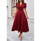 V Neck Solid Puff Sleeves Fit Full Dress - MVTFASHION.COM