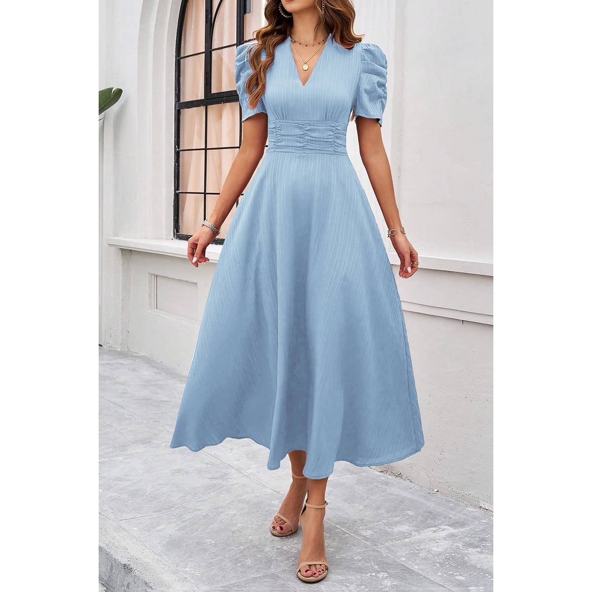 V Neck Solid Puff Sleeves Fit Full Dress - MVTFASHION.COM