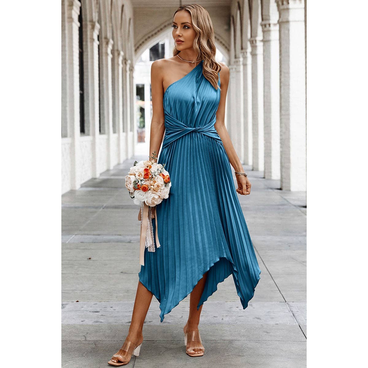 Wave Cut Ruffle One Shoulder Belt Fit Solid Dress - MVTFASHION.COM