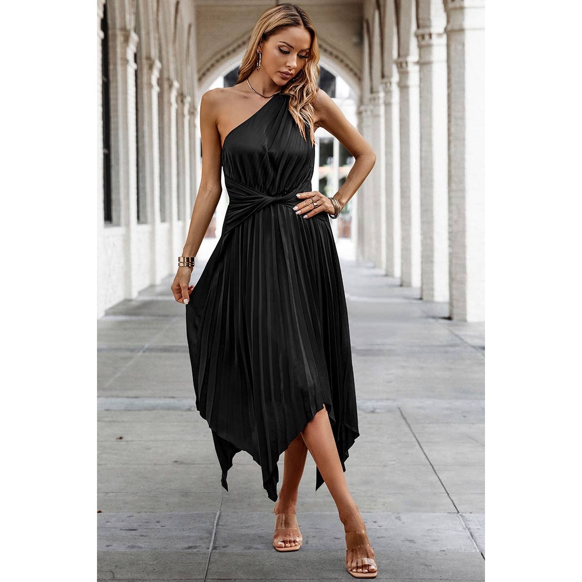 Wave Cut Ruffle One Shoulder Belt Fit Solid Dress - MVTFASHION.COM