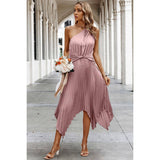 Wave Cut Ruffle One Shoulder Belt Fit Solid Dress - MVTFASHION.COM