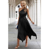 Wave Cut Ruffle One Shoulder Belt Fit Solid Dress - MVTFASHION.COM