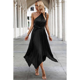 Wave Cut Ruffle One Shoulder Belt Fit Solid Dress - MVTFASHION.COM